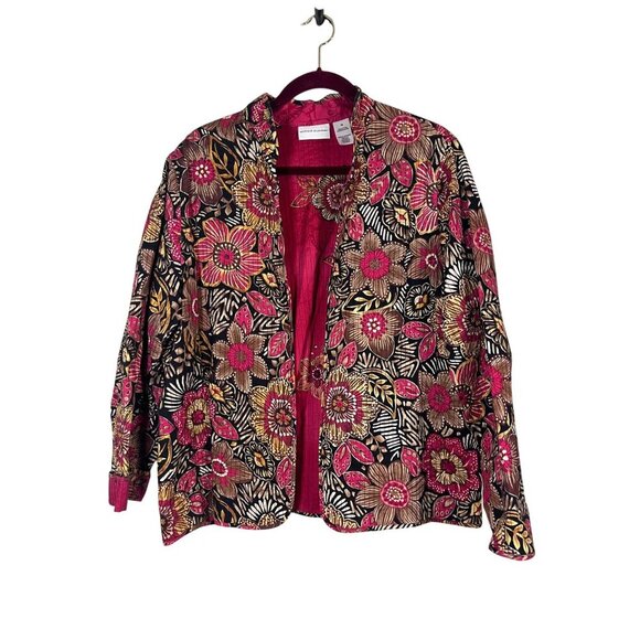Alfred Dunner Floral Cotton Jacket Red 16 Boho Western Classic Colorful Resort - Picture 1 of 11